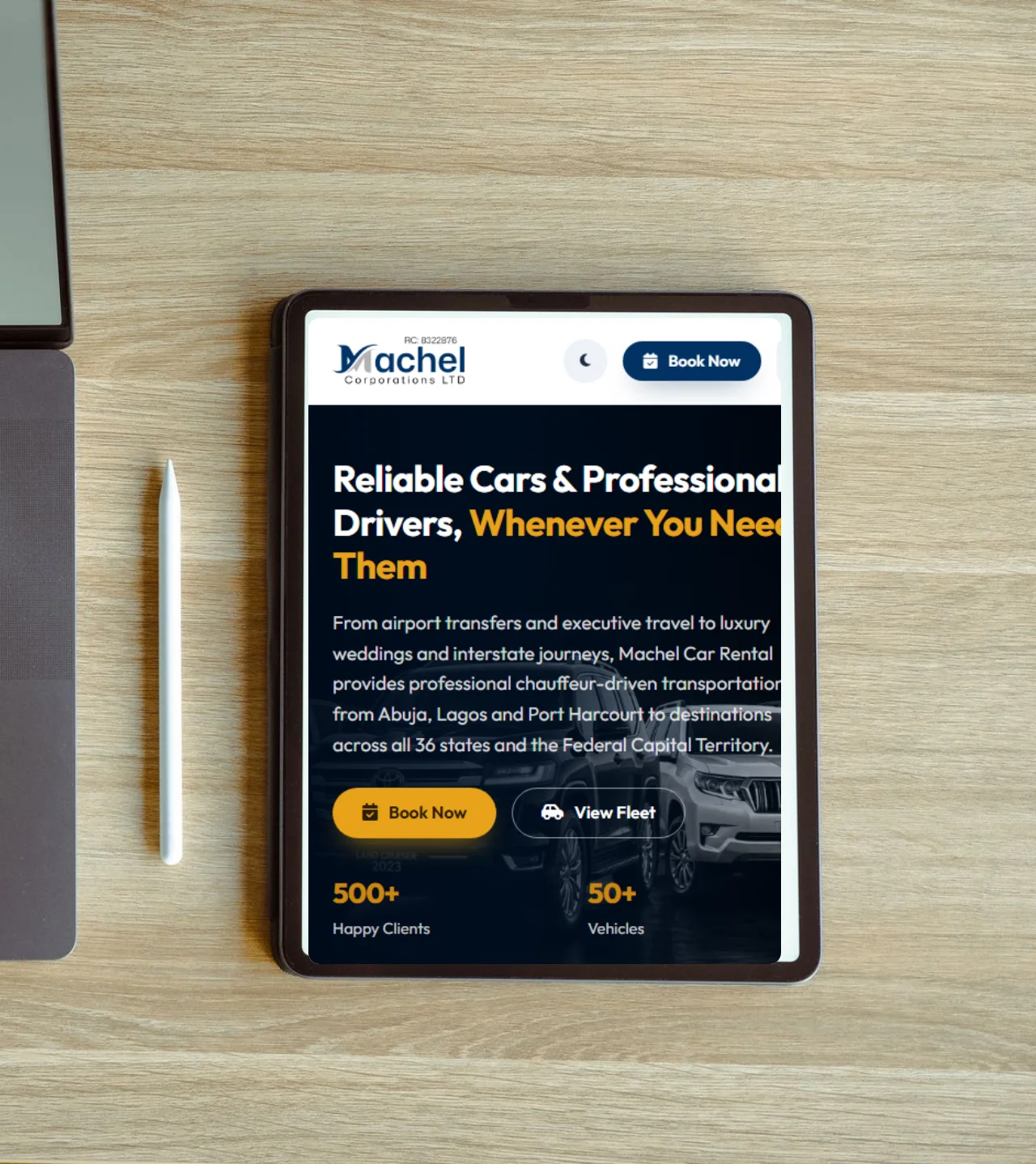 Machel Car Rental — booking platform and fleet CMS shown on laptop and phone