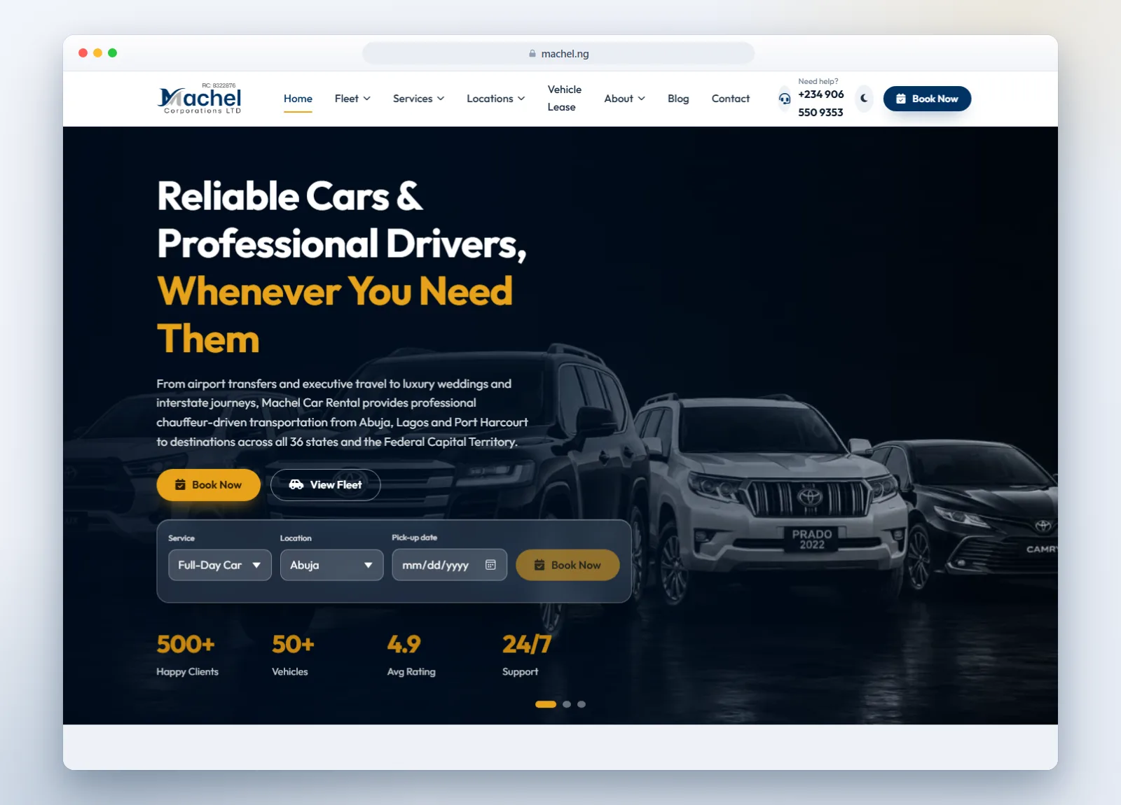 Machel Car Rental — Homepage — hero slider, booking widget and live stats