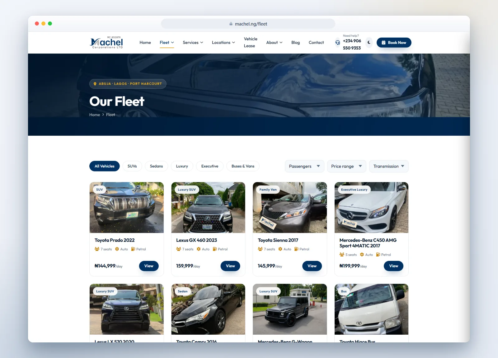 Machel Car Rental — Fleet marketplace with category filters and transparent daily pricing