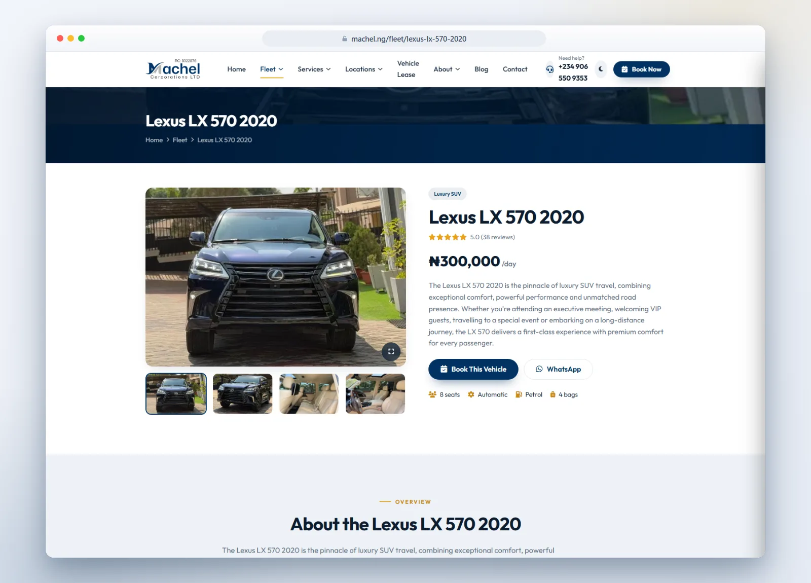 Machel Car Rental — Vehicle detail — gallery, specs, pricing and one-tap WhatsApp booking