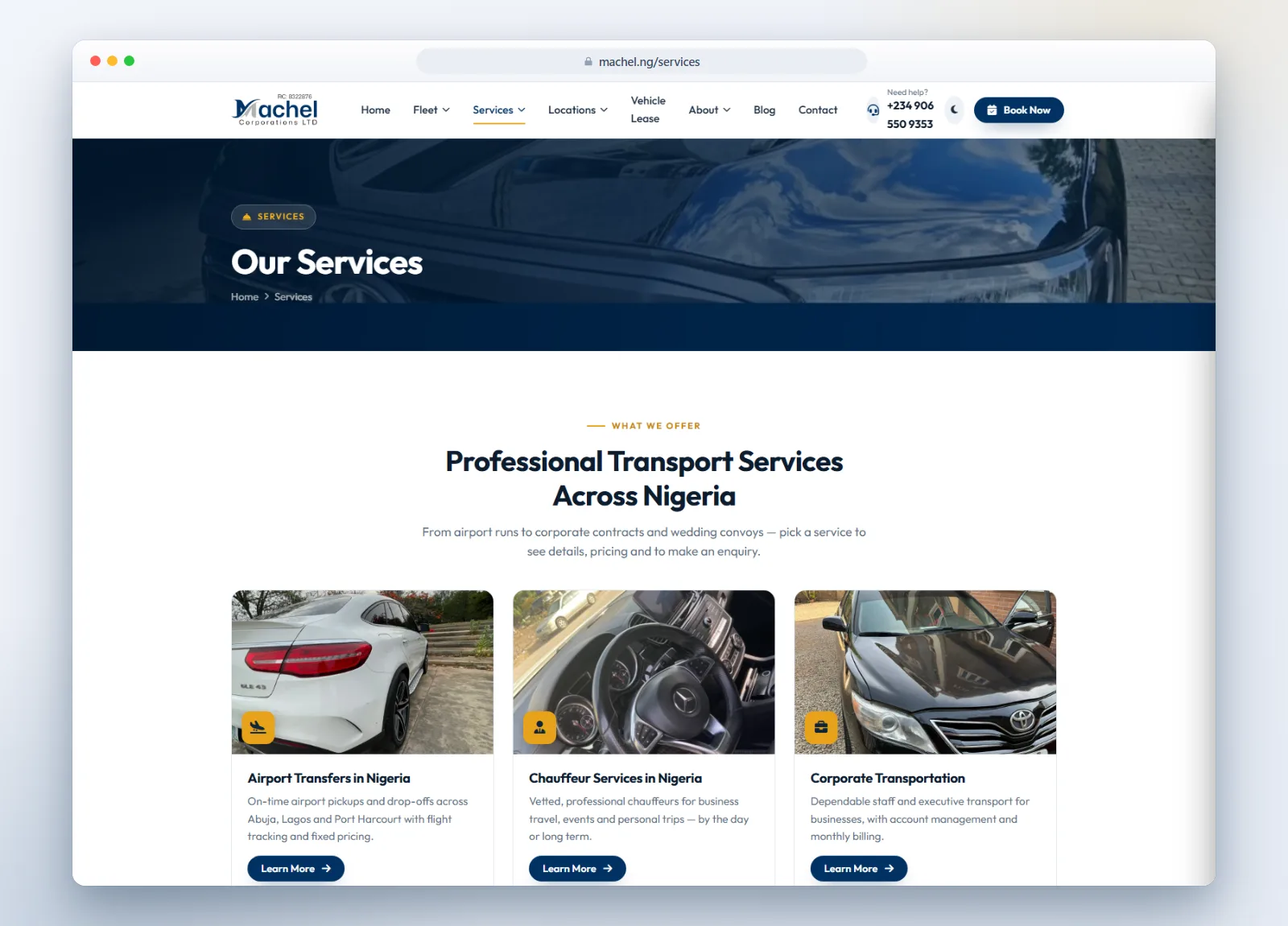 Machel Car Rental — Service pages — airport transfers, chauffeur hire and corporate transport